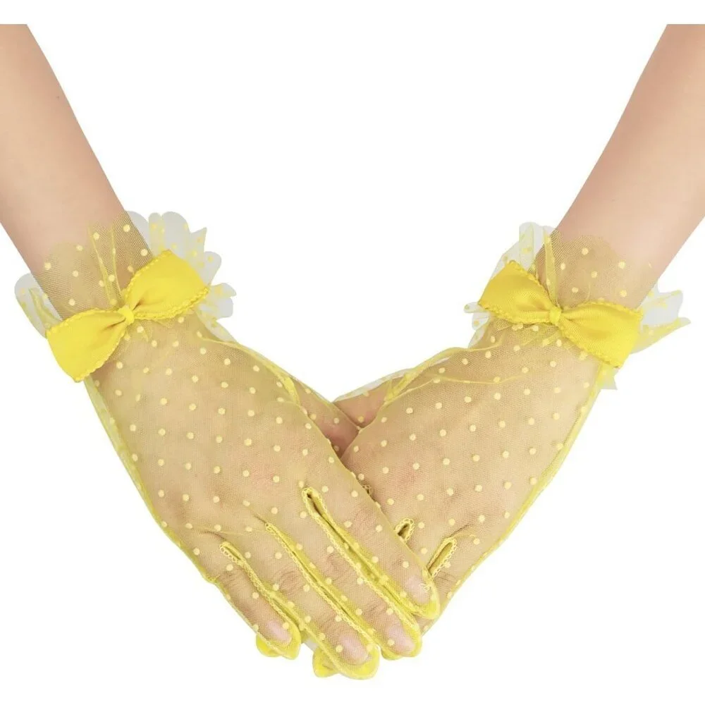 Women's Yellow Short Polka Dot Lace Bow Mesh Party Wedding Bridal Gloves Prom
